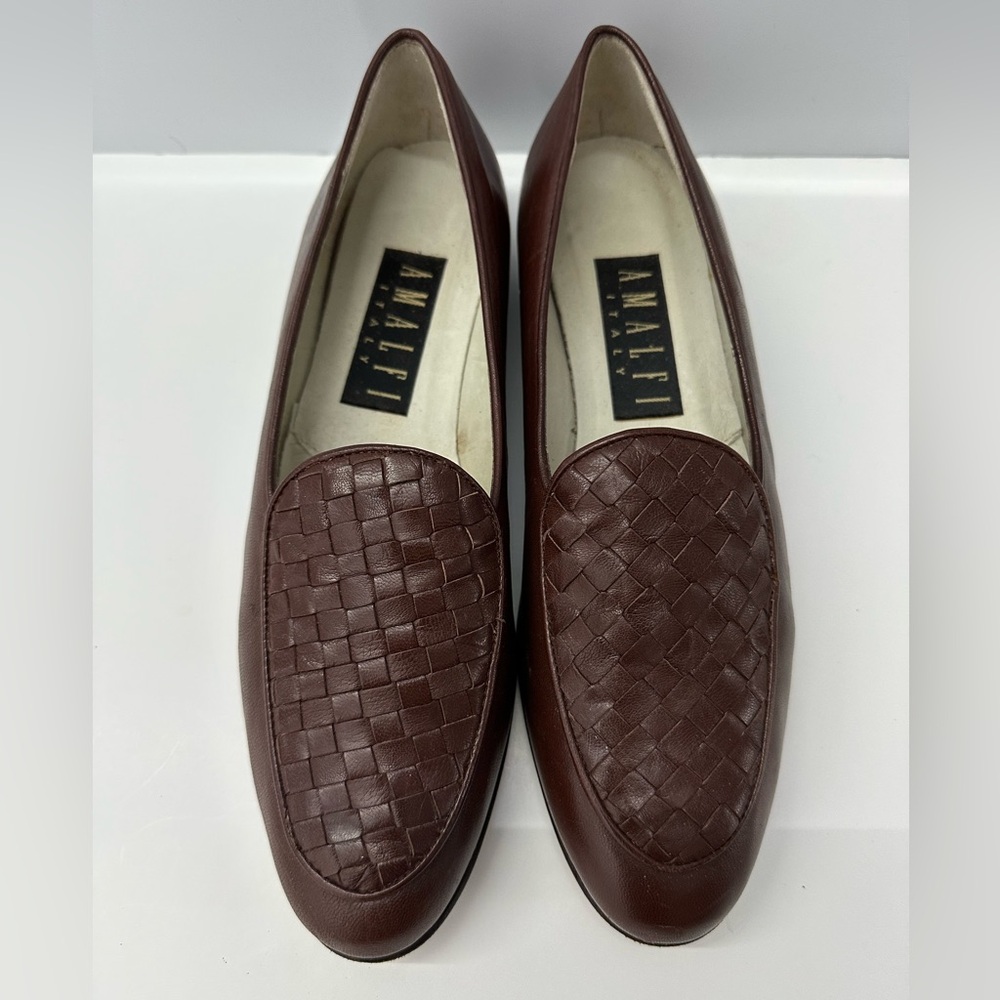 AMALFI Brown Leather Loafer with Woven Leather Detail, size 8 1/2 AA